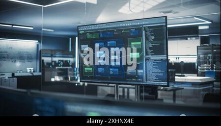 Empty Meeting Conference Room with TV Screen with Technical Project Plan. Technologically Advanced Research and Development Office Stock Photo