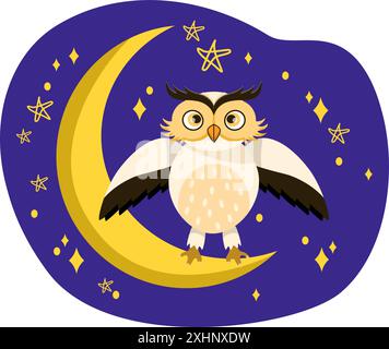 Cute owl sitting on crescent moon spreading wings at night under the stars Stock Vector
