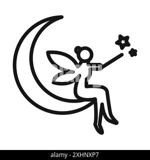 fairy sitting on moon icon Black line art vector in black and white outline set collection sign Stock Vector