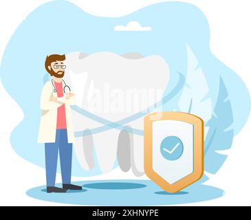 Dentist standing near big tooth and shield presenting dental care and teeth protection insurance Stock Vector