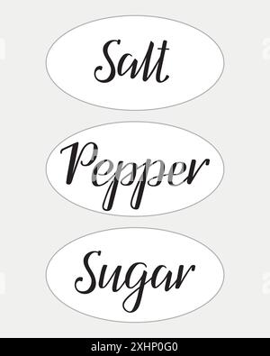 Salt, pepper, sugar. Handwritten stickers for salt, pepper and sugar jars. Inscription in English. Modern brush ink calligraphy. Hand lettering. Stock Vector
