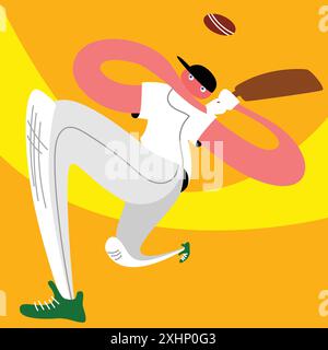 Abstract illustration of cricketer with elongated limbs in white uniform and green shoes, swinging bat on orange background. Dynamic action. Stock Vector