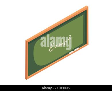 Isometric cartoon style blackboard with wooden frame and green board. White chalk on frame and Einstein's formula written on board. Vector illustratio Stock Vector