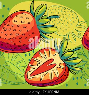 Seamless pattern hand drawn fresh red strawberries with green leaves. Whole and halved berry in doodle style. Vector illustration. Stock Vector