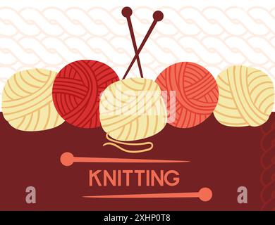 Knitting banner design, retro style in red color. Sewing needles and balls of wool. Vector illustration on a dark background. Stock Vector
