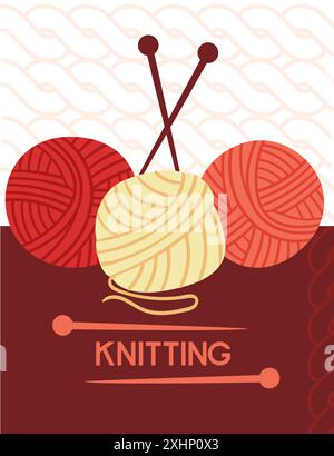 Knitting banner design, retro style in red color. Sewing needles and balls of wool. Vector illustration on a dark background. Stock Vector