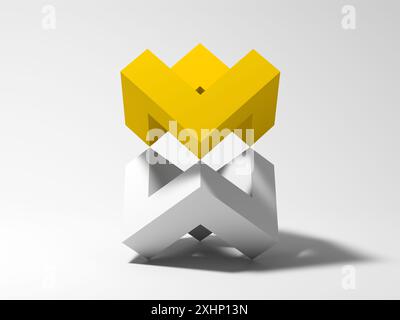 Abstract geometric installation with connected yellow and white cubical shapes over white background. 3d render illustration Stock Photo