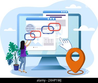 Website developer building backlinks for seo and higher ranking in search engine results Stock Vector