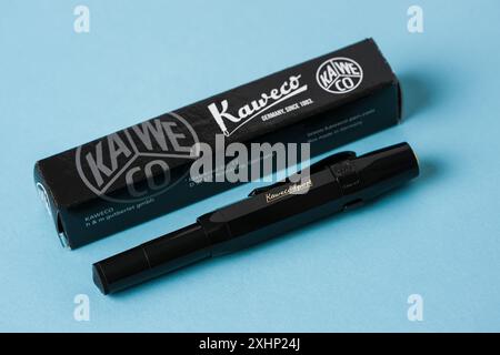 Antalya, Turkey - April 22, 2024: Kaweco Classic Sport fountain pen in black with its box on a blue background Stock Photo
