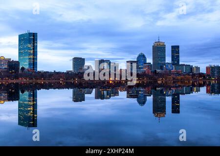 View across the Charles River of the Boston's Back Bay neighborhood skyline at first light of the day. Stock Photo