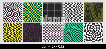 Square psychedelic checkerboard colorful background with warped grid tile, spiral or swirl. Checkered seamless geometric pattern in groovy y2k style. Distorted chessboard covers with distortion effect Stock Vector