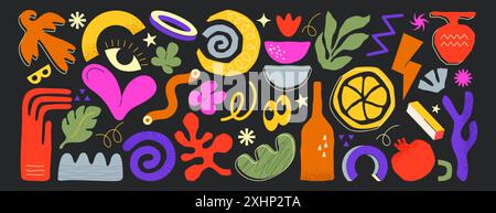 Collection of abstract organic freeform shapes. Set of geometric shapes, leaves or nature doodle objects. Hand drawn trendy simple forms, color summer matisse design elements. Freehand childish icons. Stock Vector