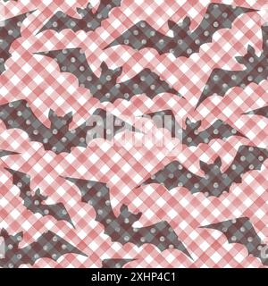 Halloween watercolor grunge seamless pattern with polka dots flying bats on stripe plaid gingham background. Watercolour hand drawn texture. Rustic st Stock Photo