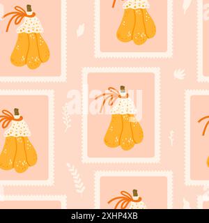 Cozy pumpkin checked seamless pattern. Bento box autumn harvest repeat background. Halloween rustic stamps endless design. Vector hand drawn illustration. Stock Vector