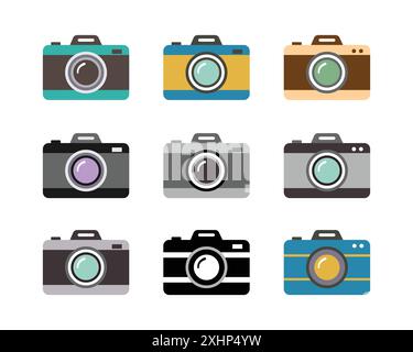 Photo camera icon set in different color. Photo camera in flat style. photo camera sign and symbol. Set of camera icon Vector illustration. Stock Vector