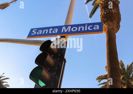 Santa Monica California Street Sign During Sunset Golden Hour Near Beach And Pier Stock Photo