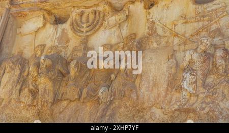 Close-up relief  of south inner panel of the Arch of Titus showing spoils from the fall of Jerusalem. Rome, Italy. Stock Photo