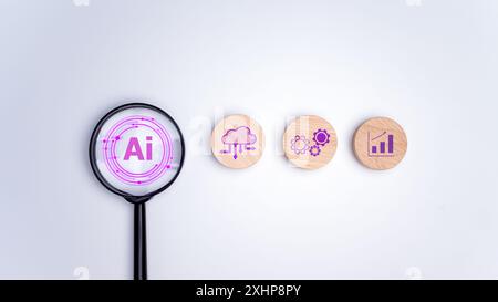The concept of searching for information in technology with AI systems, Magnifying glass focus AI artificial intelligence technology for technology sm Stock Photo