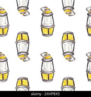 Yellow flashlight, seamless pattern. Drawing with colored pencils. Stock Photo