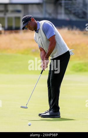 Troon, UK. 15th July, 2024. Tiger Woods, Justin Thomas and Max Homa, three American Professional golfers practice together on Royal Troon Golf Club, Troon, Ayrshire, Scotland, UK before the start of the 152nd Open Championships. Credit: Findlay/Alamy Live News Stock Photo