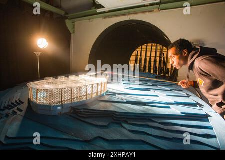 France, Paris, the Gustave Eiffel wind tunnel, laboratory built by Gustave Eiffel in 1912, validation tests in natural operation of a building in its Stock Photo