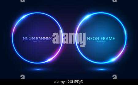 A set of two round neon frames with shining effects and highlights on a dark background. Stock Vector