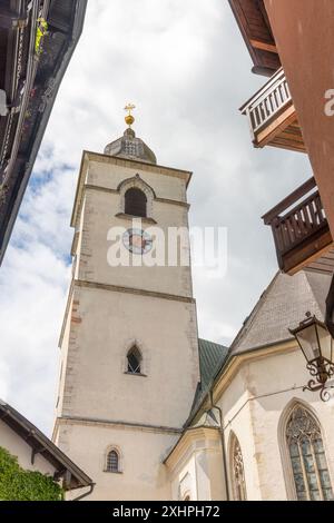 Wolfgangsee, Austria; July 18, 2024 - Looking up at the St. Wolfgang's Church, Wolfgangsee, Austria. Stock Photo