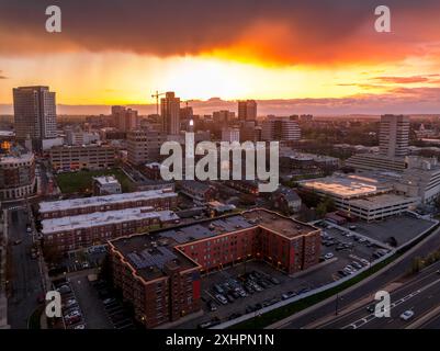 Aerial view of New Brunswick business downtown in New Jersey with stunning colorful sunset sky Stock Photo