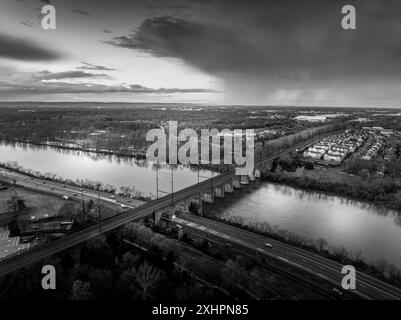 Raritan River Railroad Bridge black and white aerial Stock Photo