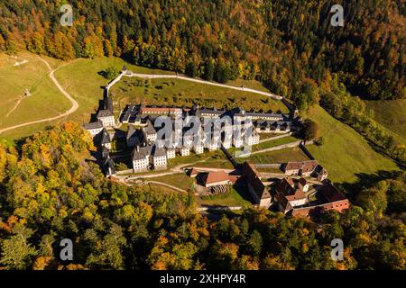 France, Isere, Saint-Pierre-d'Entremont, the Chartreuse regional natural park, the monastery of the Grande Chartreuse, Historic Monument class (aerial Stock Photo