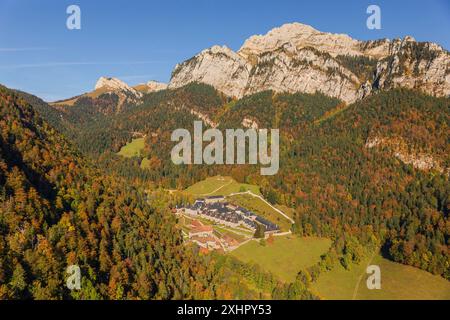 France, Isere, Saint-Pierre-d'Entremont, the Chartreuse regional natural park, the monastery of the Grande Chartreuse, Historic Monument class (aerial Stock Photo