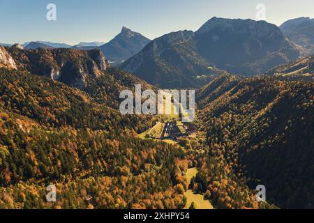 France, Isere, Saint-Pierre-d'Entremont, the Chartreuse regional natural park, the monastery of the Grande Chartreuse, Historic Monument class (aerial Stock Photo