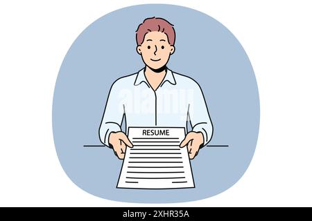 Man applicant with resume in hands came to interview in company to get desired job with high salary. Ambitious guy with resume recommends familiarizing yourself with skills and personal data Stock Vector