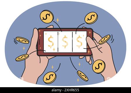 Mobile phone with online casino in hands of man, winning jackpot and big cash prize on website with slot machine. Gambling in smartphone with financial lottery or casino to test luck. Stock Vector