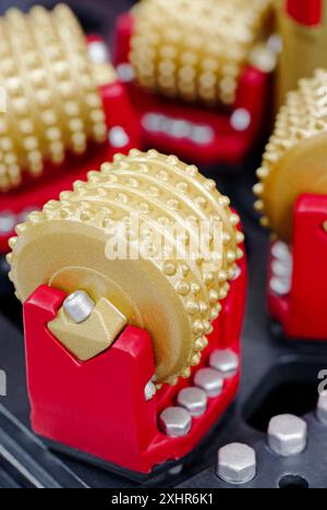 3D printed plastic scale model of tunnel boring head, construction equipment, close up shot Stock Photo