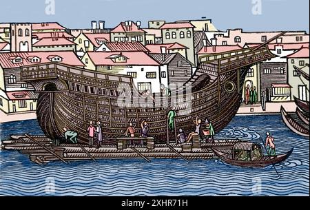 Ship hull on dry dock. Modern period. 15th century. Europe. Engraving, 19th century. Stock Photo