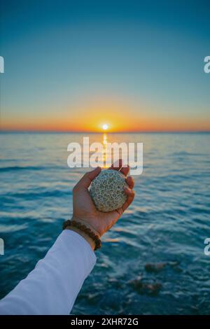 [Visualization] Coral reef fossil isolated in my hand, sunset is lovely. Stock Photo