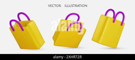 Set of Shopping bag realistic 3d design. Stylish fashionable bag isolated on white background. Colored collection. Vector illustration Stock Vector