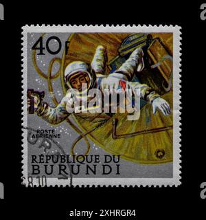 Cancelled postage stamp from the Republic of Burundi. Depicting scenes from space exploration series released in May 1968. Stock Photo
