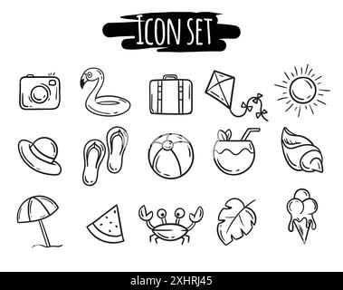 Simple vector set of icons related to summer holidays, travel, sea and vacations. Editable black and white hand drawn icons Stock Vector