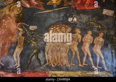 Religious fresco from an Orthodox church with depictions of heaven and hell and human figures, scenes from the Last Judgement, Inside the monastery Stock Photo