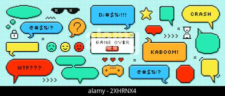 Set of color pixel dialogue boxes different shape. Chat speech bubbles, message frames, dialogue balloons with swear words in 8bit retro style. Pixelated game over, kaboom text, smile or heart sticker Stock Vector