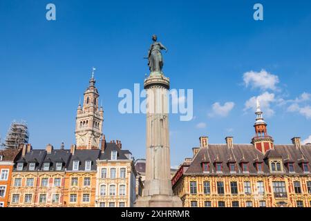 Grand Place in the city of Lille and its belfry over blue sky Stock Photo