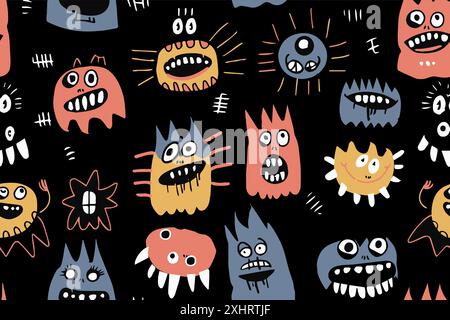 Cute cartoon monsters seamless pattern. Cosmic little aliens smile textile print design. Kids mutant fashion character trendy style vector Stock Vector