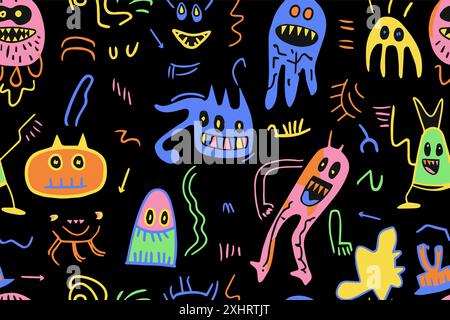 Cute cartoon monsters seamless pattern. Cosmic little aliens smile textile print design. Kids mutant fashion character trendy style vector Stock Vector