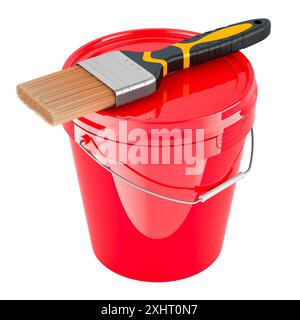 Red Paint Bucket with paint brush. 3D rendering isolated on white background Stock Photo