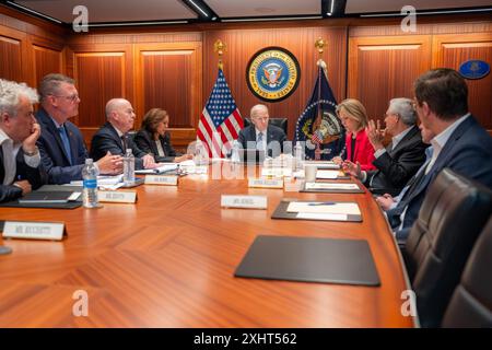 Washington, United States Of America. 14th July, 2024. Washington, United States of America. 14 July, 2024. U.S President Joe Biden and Vice President Kamala Harris are briefed by National Security Advisors and members of law enforcement agencies following the assassination attempt on former President Trump in the Situation Room of the White House, July 14, 2024, in Washington, DC A gunman shot at former President Donald Trump during a campaign rally in Butler, Pennsylvania. Credit: Adam Schultz/White House Photo/Alamy Live News Stock Photo