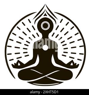 A circular illustration of yoga with graphic elements. Concept of concentration, tranquility and harmony. Yogi in lotus pose. Black and white Stock Vector