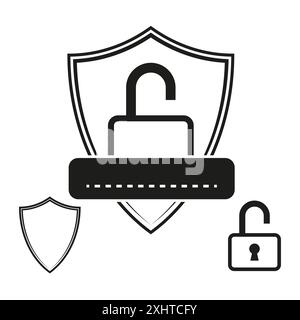 Shield and padlock icon. Security and password. Black vector symbols. Data protection. Stock Vector