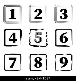 Number icon set. Black numbers. Grunge borders. Vector illustration. Stock Vector